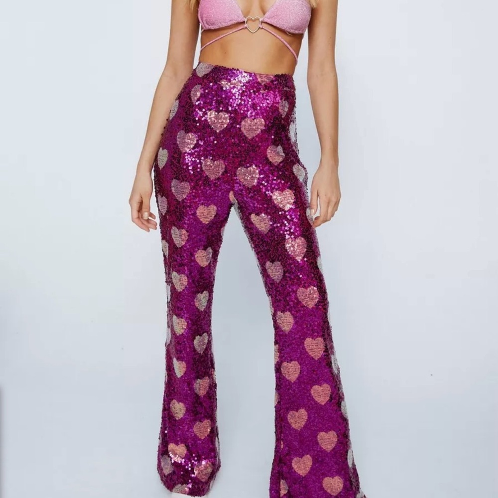 *Sold Out* Nasty Gal Pink Heart Sequin Flare Pants Sz 4